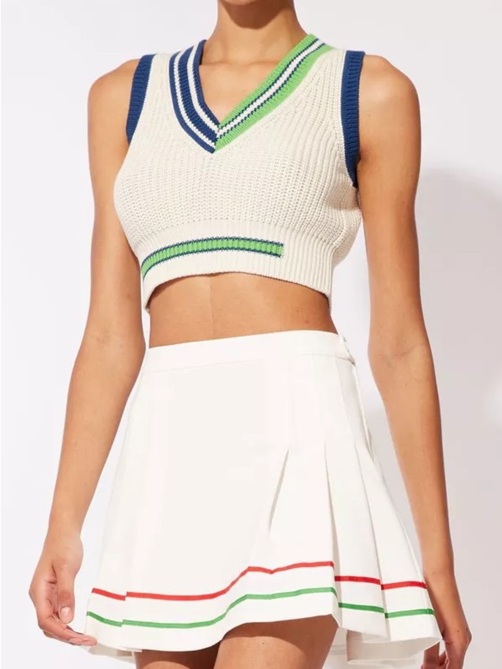 Prince + Solid & Striped Knit V-Neck Tank Top - Cream with Blue & Green Trim